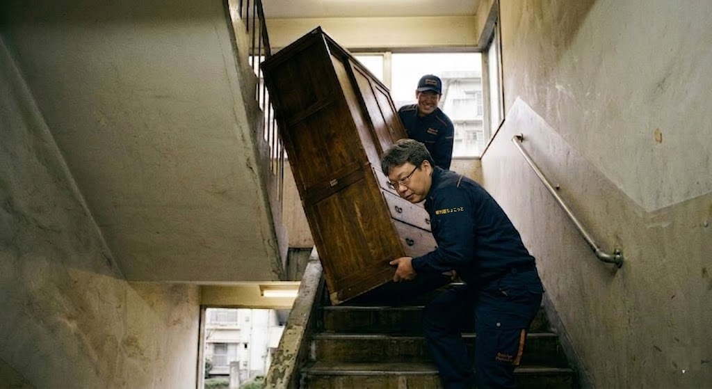 岡田と深沢による団地階段での不用品運び出し作業