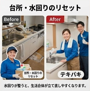 画像案：キッチンまわりにゴミ袋や容器、家電が多く置かれていた状態から、シンクと作業台が使える清潔な状態まで戻ったビフォーアフターの対比画像。