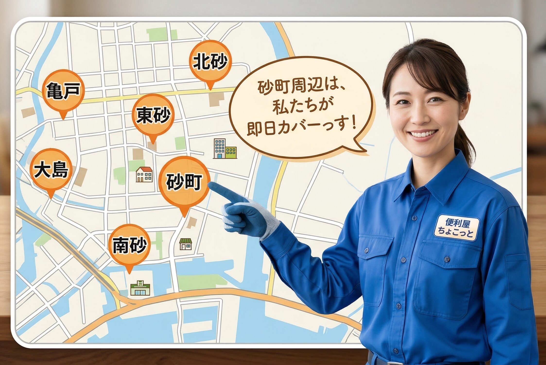 画像案：江東区の地図をベースに、砂町・東砂・北砂・南砂・大島・亀戸を色分けした対応エリアマップ。軽トラックのアイコンと『最短30分』の吹き出し入り。