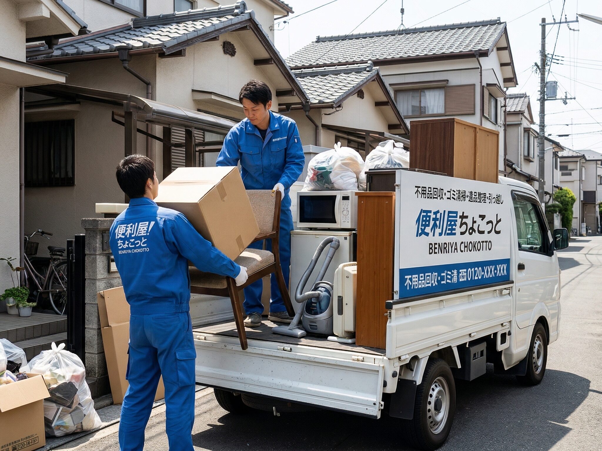 画像案：江東区の団地室内で、冷蔵庫・洗濯機・タンス・ダンボールを前に、スタッフが回収前の説明をしているシーン。生活感はあるが清潔で、安心感のある構図。
