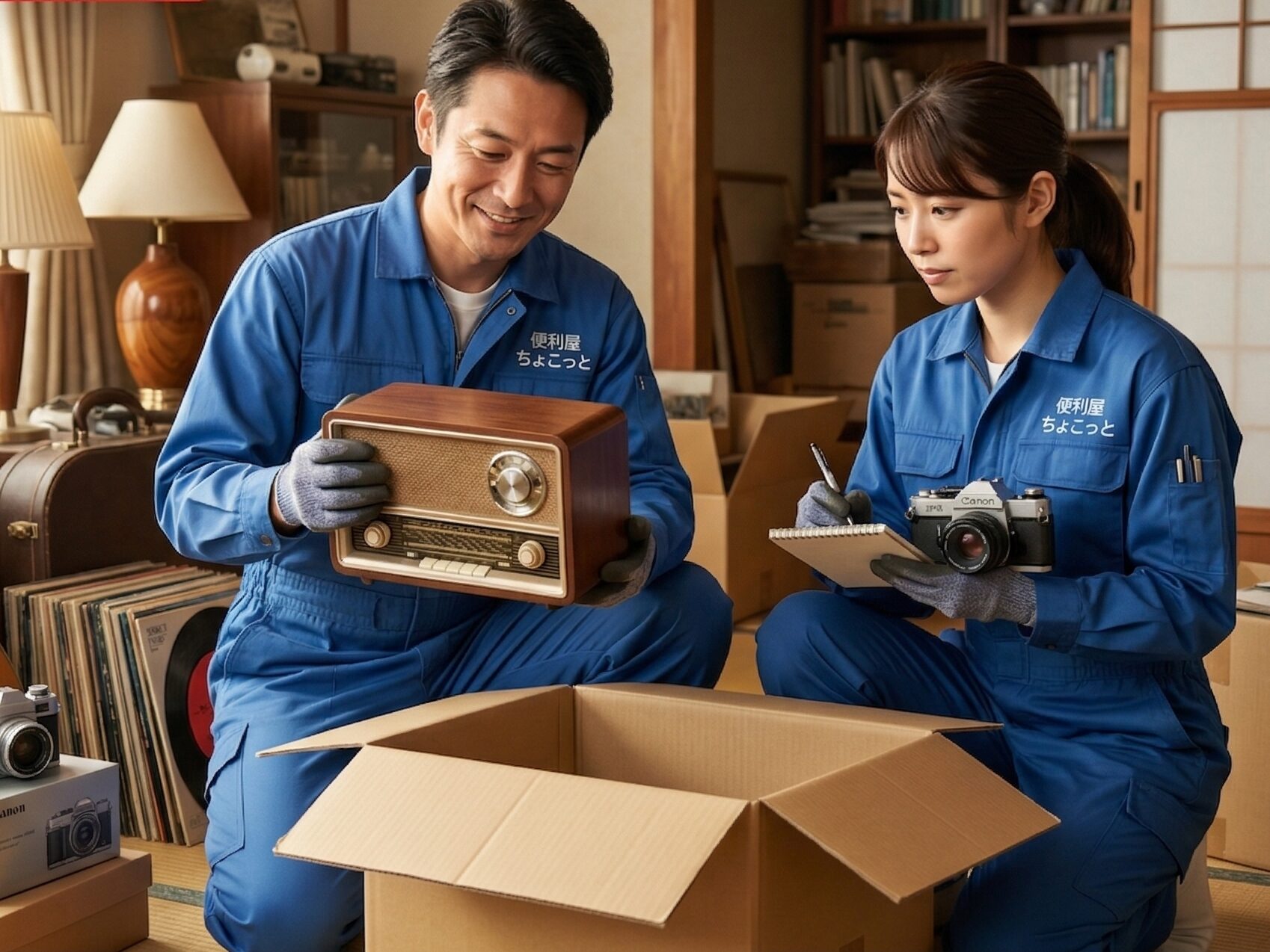 画像案：査定テーブルの上にゲーム機、カメラ、工具、腕時計、小型家電などを並べ、スタッフが一つずつ確認しているシーン。背景は明るい作業場。