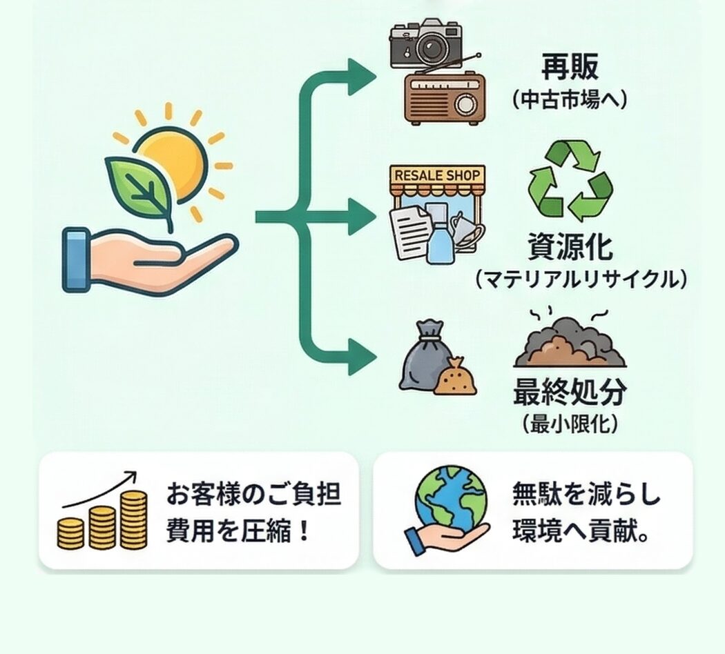 画像案：不用品を『買取』『再利用』『資源化』『整理』の4つに仕分けしているイメージ図。矢印で流れが分かる、明るく分かりやすいインフォグラフィック風。