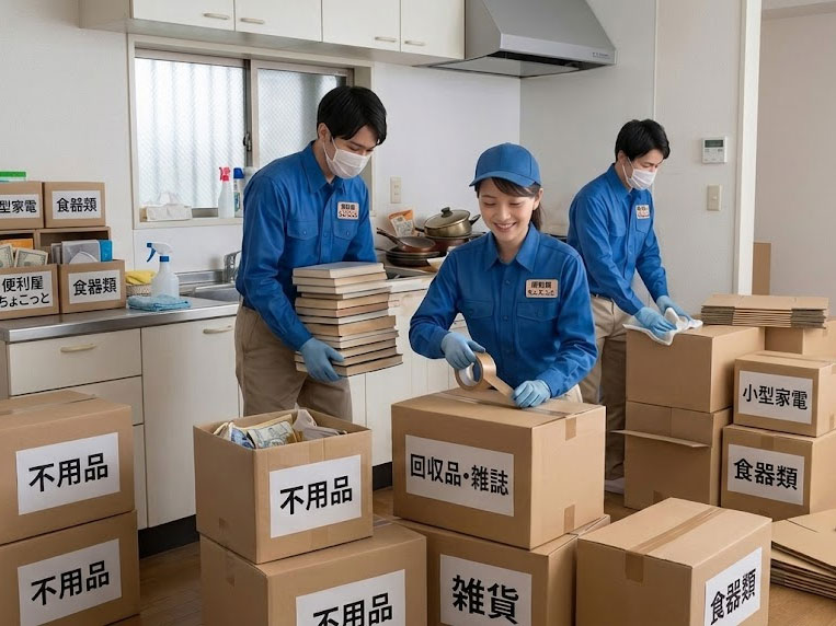 画像案：実際の搬出作業中の写真。冷蔵庫やタンスを2名以上で安全に運び出し、玄関や階段でも丁寧に対応している様子。誠実さと力強さが伝わる構図。