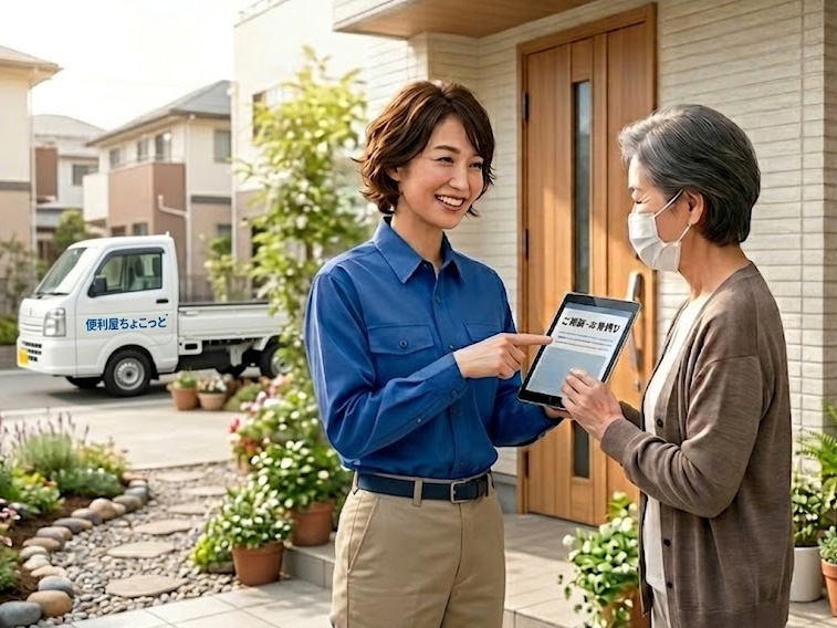画像案：便利屋ちょこっと代表が作業着または親しみやすい服装で、軽トラの前に立ち、笑顔でこちらを見るメインビジュアル。背景は江東区砂町らしい住宅街や路地の雰囲気。