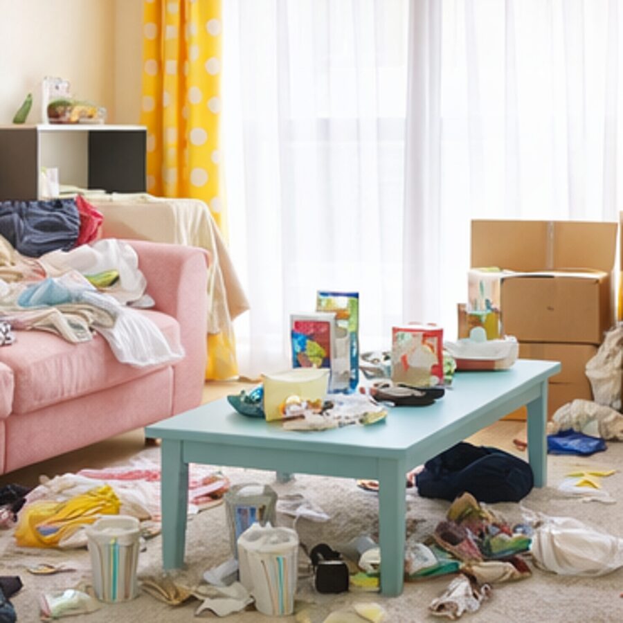 画像案：退去前の部屋で、ベッドフレーム、マットレス、カラーボックス、家電、段ボールが残っていて、通路が狭くなっている作業前のワンルーム。