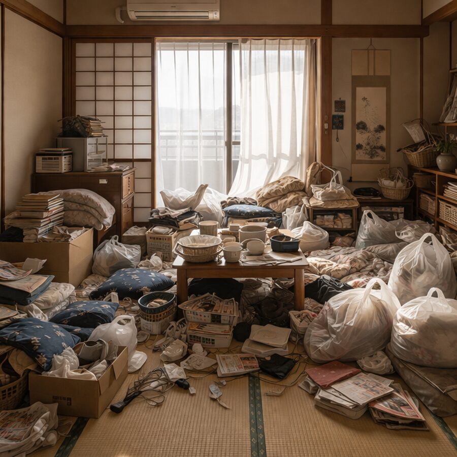 画像案：砂町の集合住宅の一室で、床にゴミ袋・衣類・雑誌・空き箱が積み重なり、生活動線がほとんど塞がっている片付け前の部屋。暗すぎず、現実感はあるが過度に不快ではない表現。