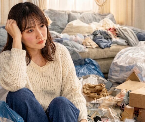 片付けに悩む女性と散らかった部屋