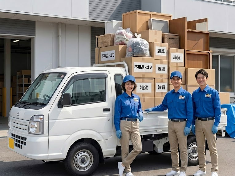 画像案：軽トラックに不用品がきれいに高く積み込まれた状態の写真。ロープ固定や積み方の上手さが伝わり、砂町の狭い道でも動ける印象が出るビジュアル。