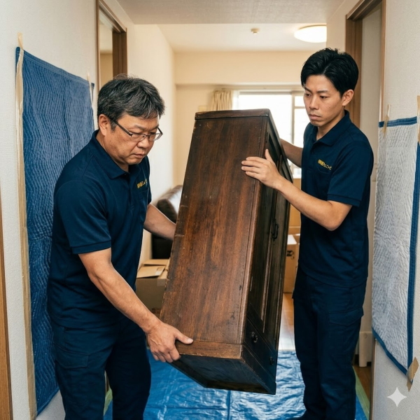 江東区での粗大ごみ出し代行 スタッフ2名でのタンス搬出風景